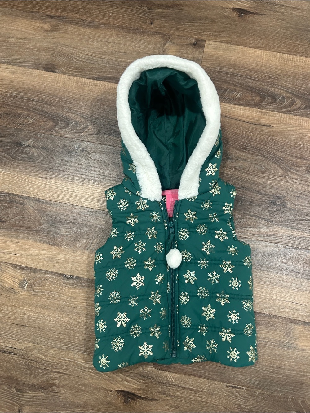 Isaac Mizrahi Girls Puffer Vest Size X-Small (4) Green Snowflake Hooded Faux Fur